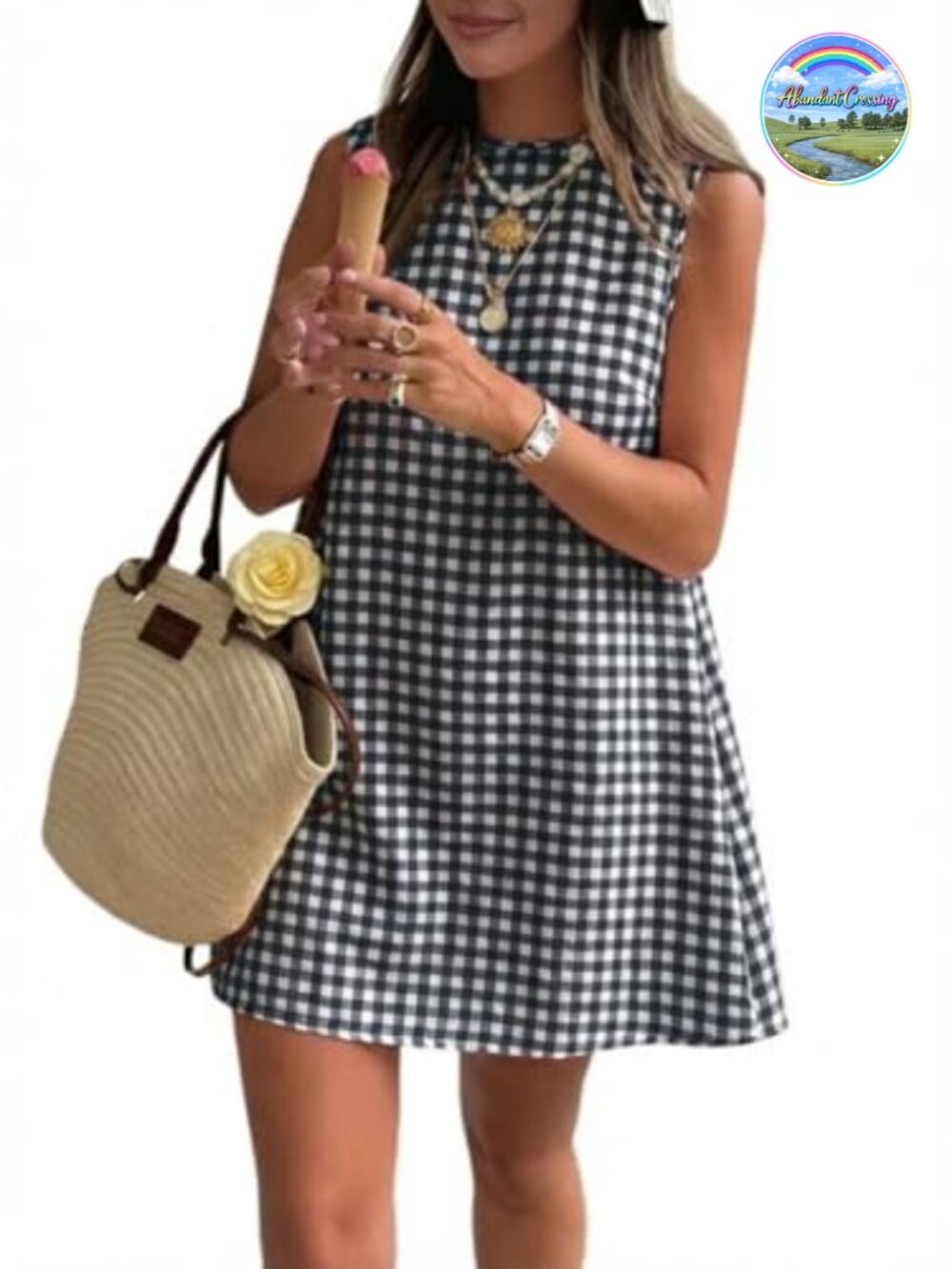 Sleeveless Gingham Mini Dress Cotton High Neck Side Pockets